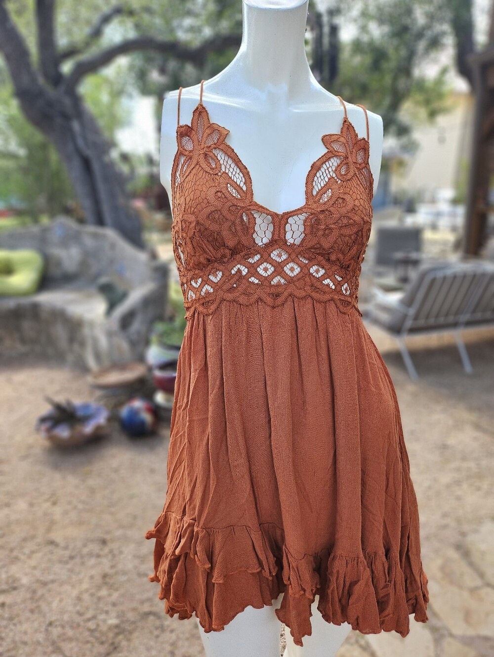 Free People FP One Adella Mini Dress Womens Small Rust Orange Crochet Lace Boho